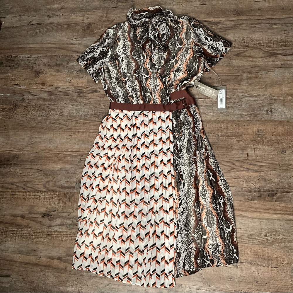 White, Brown & Orange Wrap Pleated Eva Mendes x NY&C Dress